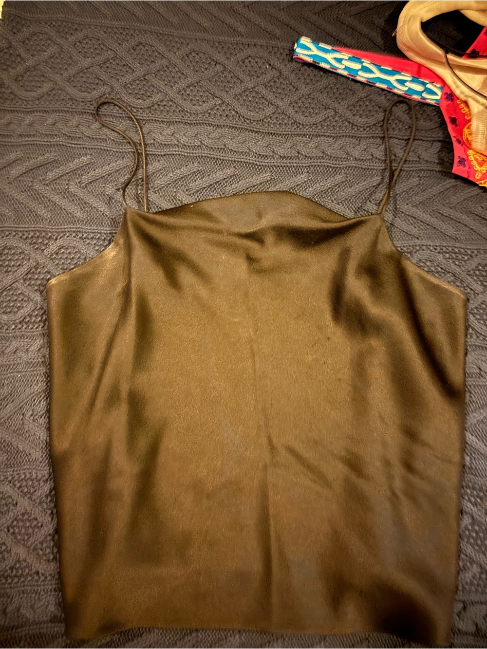 Alice + Olivia Olive Black Satin Spaghetti Strap Cami